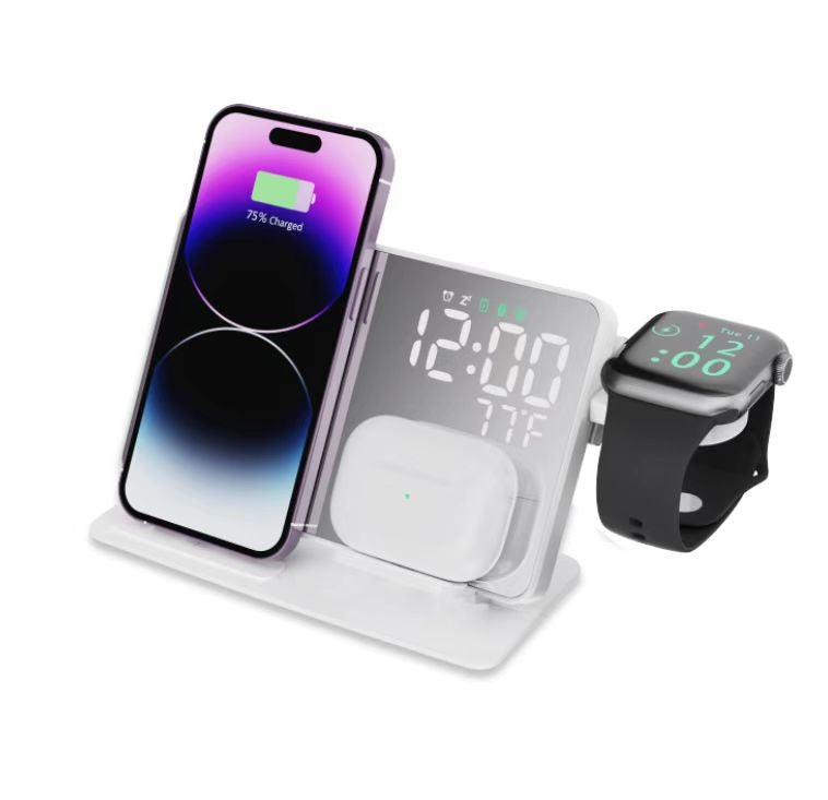 2-in-1 Cargador Inalambrico 15W, Pantalla de Reloj, Alarma, Termometro